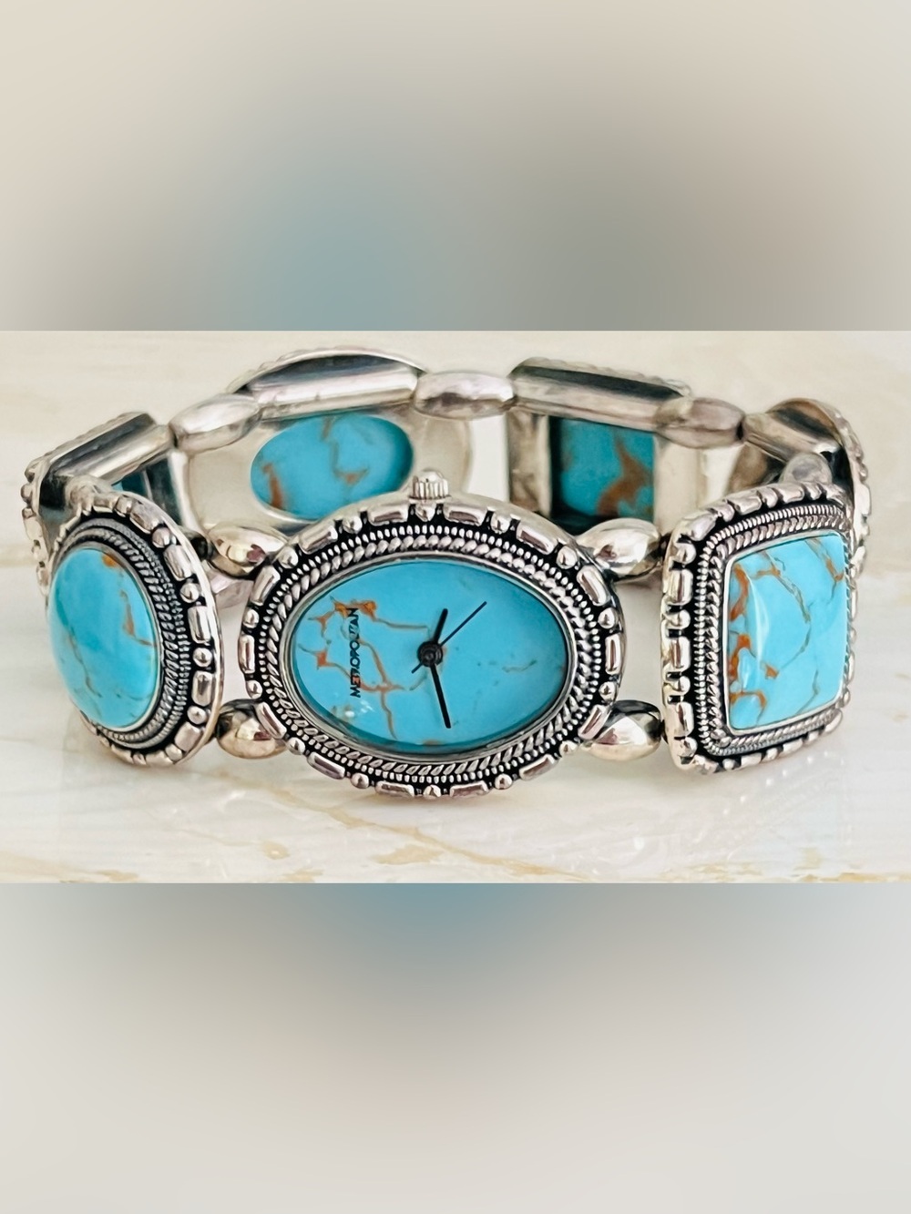 EUC vintage "Metropolitan" by Ecclissi silver turquoise link watch